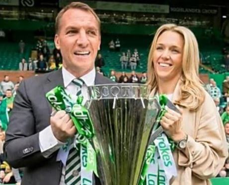 Steven Hind ex-wife Charlotte with her current husband Brendan Rodgers holding cup at the stadium.